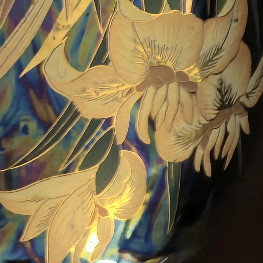 Japanese Pair Of Mid Century Vases Feat. Birds & Water Scene, Iridescent